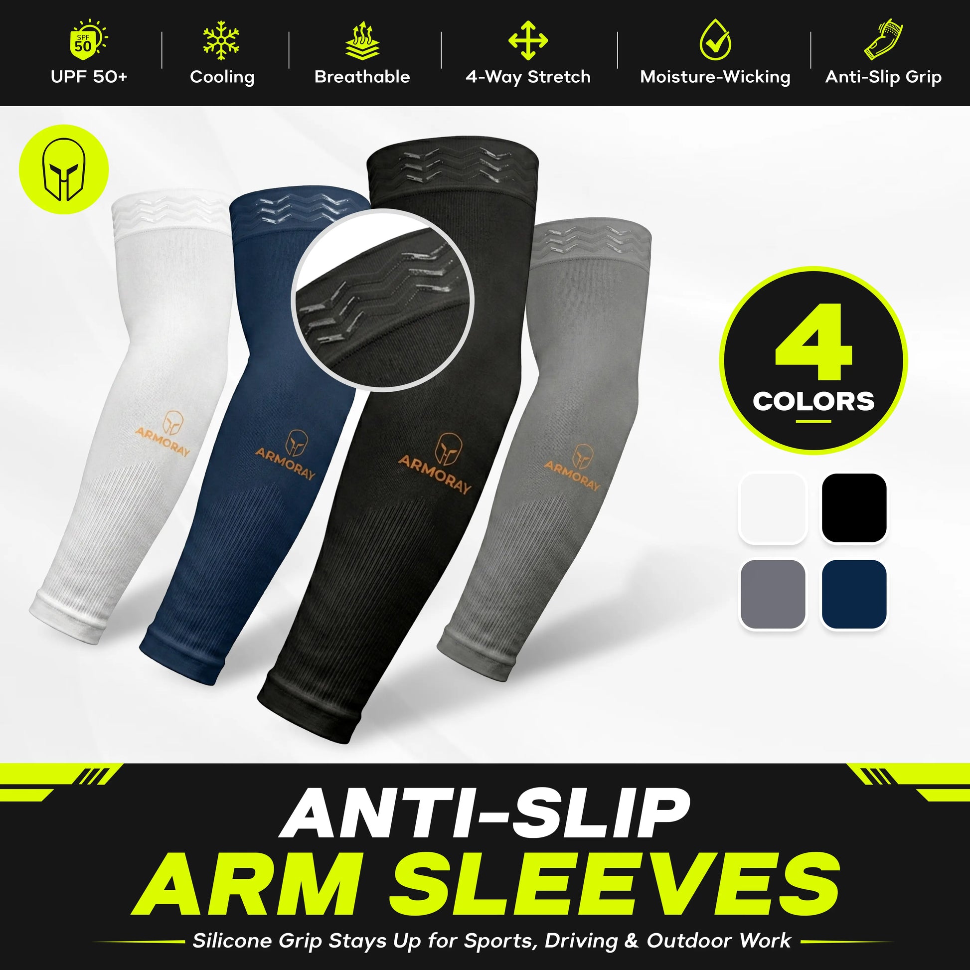 ARMORAY Anti-Slip Arm Sleeves for Men & Women, UPF 50+ Cooling UV Protection Tattoo Cover Sports Sleeves