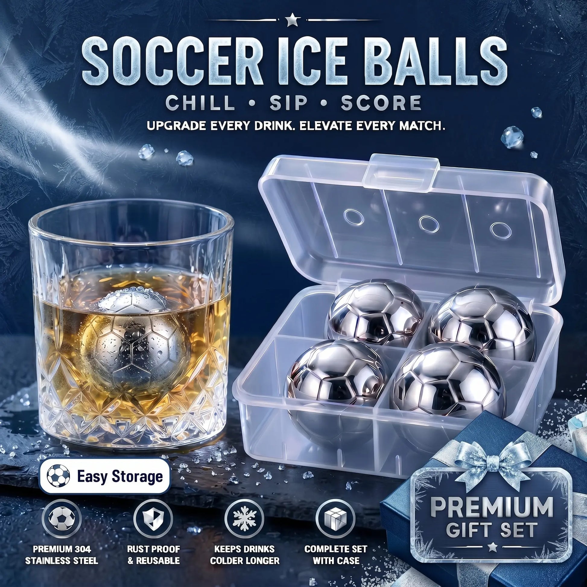 Reusable Soccer Ice Balls Set of 4 | Stainless Steel Chilling Stones for 2026 Watch Parties & Game Day
